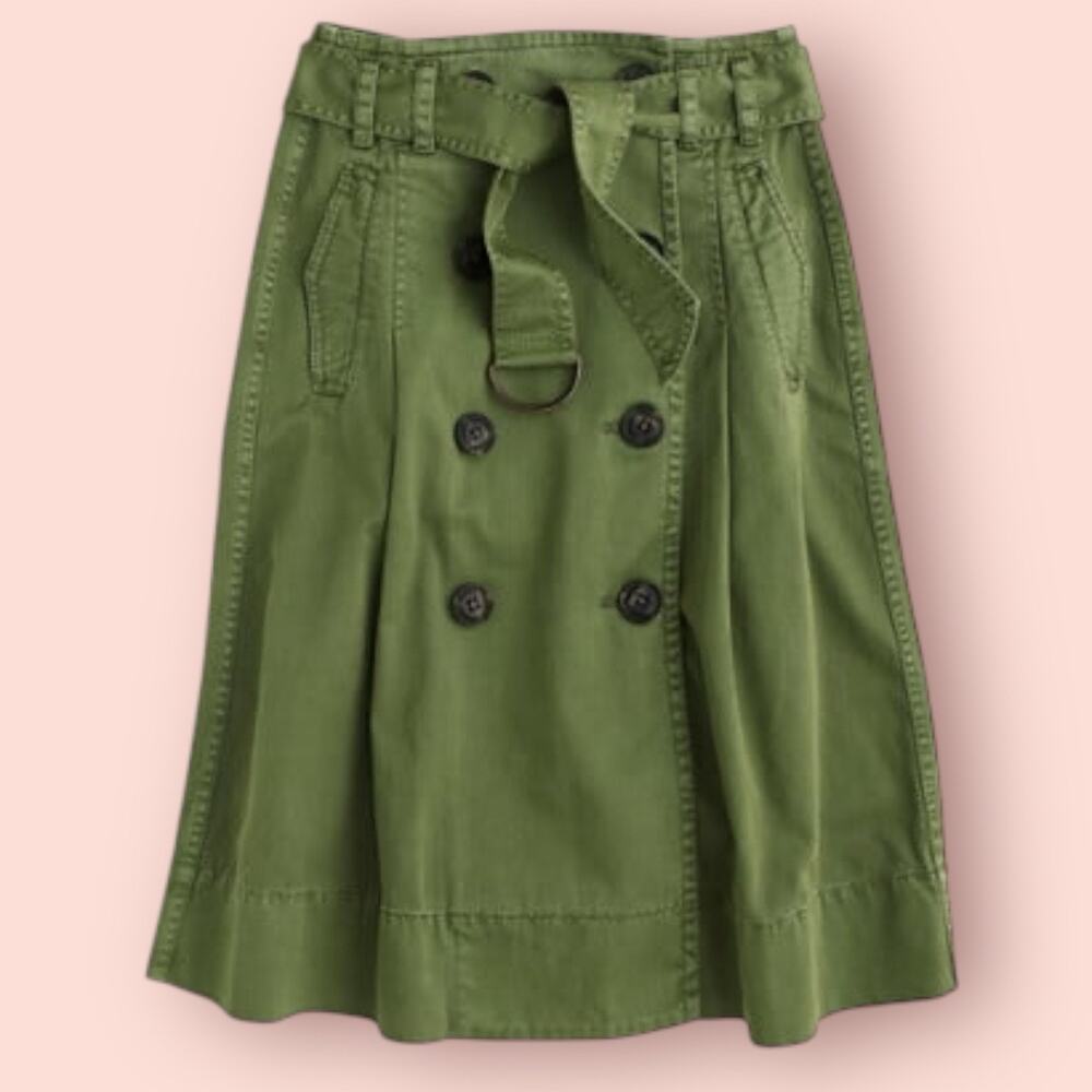 J Crew Chino Trench Flare Skirt Size 2 Green 100% Cotton Button Front Cargo